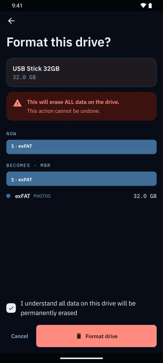 Confirmation screen naming the USB stick, warning that all data will be erased, showing the layout before and after