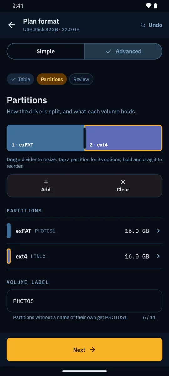 Partitions step splitting a drive into an exFAT and an ext4 partition