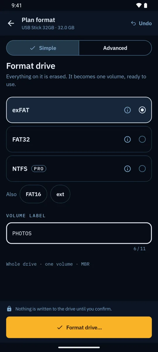 Format drive screen with exFAT selected, and FAT32, NTFS, FAT16 and ext choices