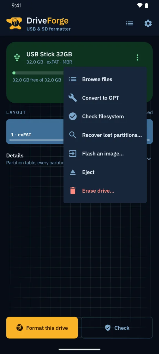 Drive menu: browse files, convert to GPT, check filesystem, recover lost partitions, flash an image, eject, erase drive