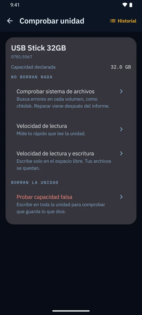 Pantalla Comprobar unidad con comprobar sistema de archivos, velocidad de lectura, velocidad de lectura y escritura y probar capacidad falsa