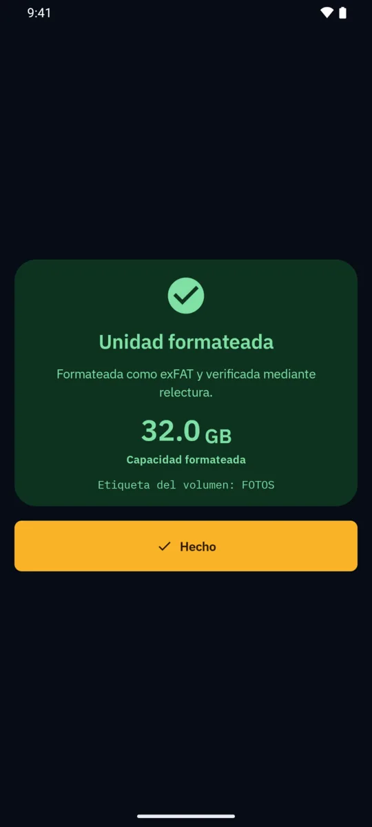 Unidad formateada: formateada como exFAT y verificada al releerla, 32,0 GB de capacidad formateada