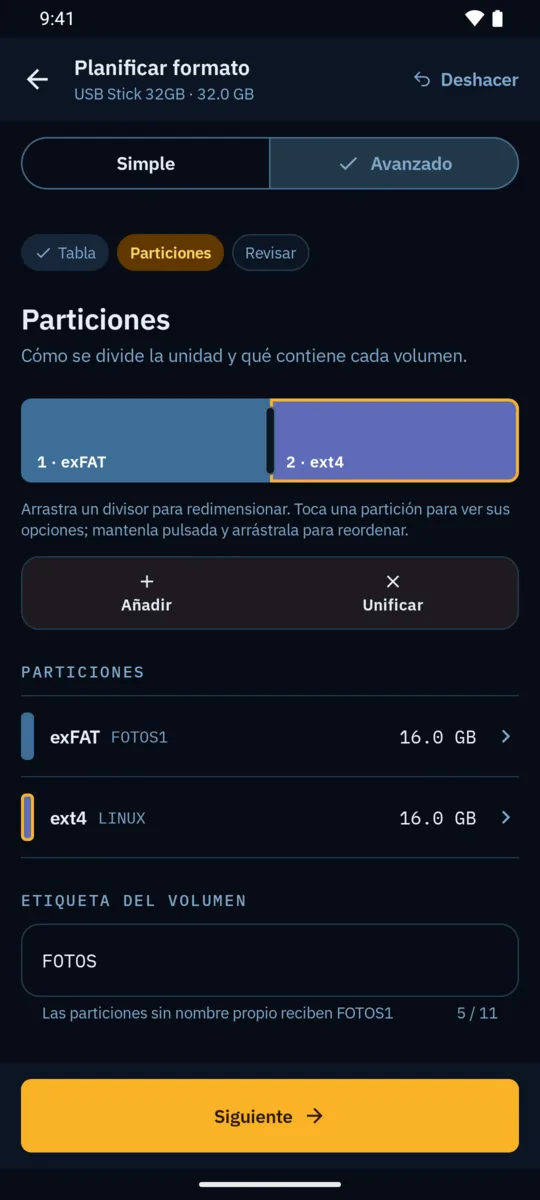 Paso de particiones que divide una unidad en una partición exFAT y otra ext4