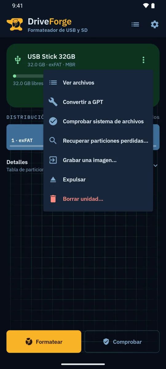 Menú de la unidad: explorar archivos, convertir a GPT, comprobar sistema de archivos, recuperar particiones perdidas, grabar una imagen, expulsar, borrar unidad